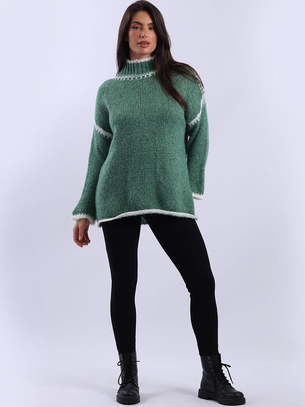 Contrast Stitch Woolen Knitted Crop Sweater
