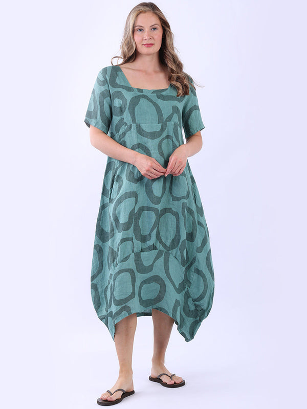 Circle Print Balloon Hem Ladies Linen Dress