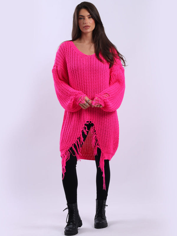 Women Drop Shoulder Fringed Chunky Knit Pullover