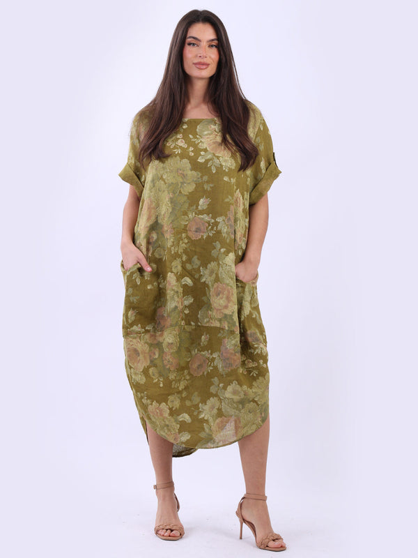 Floral Print Linen Oversized Midi Dress