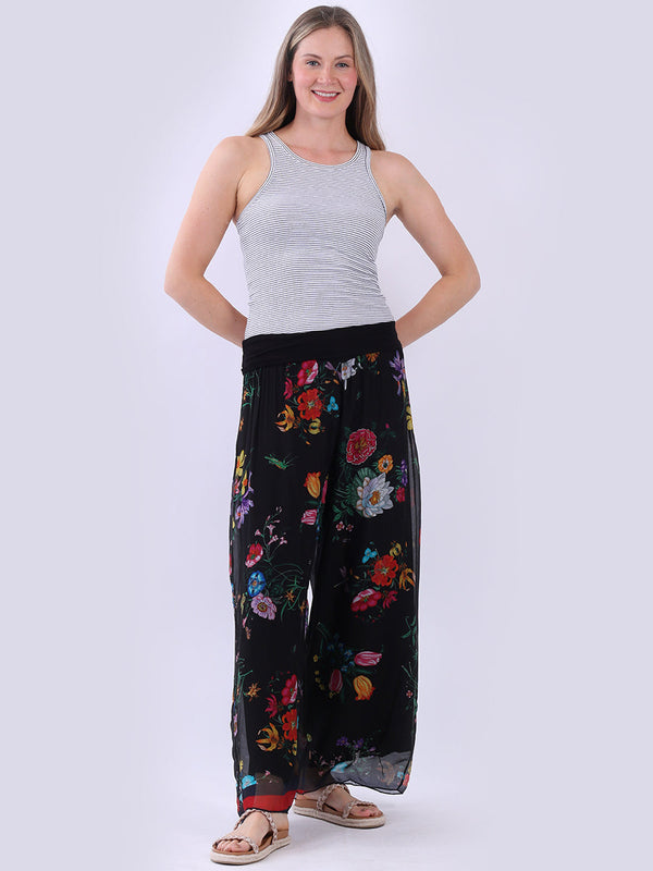Floral Print Women Wide Leg Silk Trouser