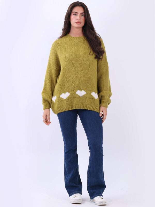 Solid Heart Knit Hem Baggy Woolen Jumper