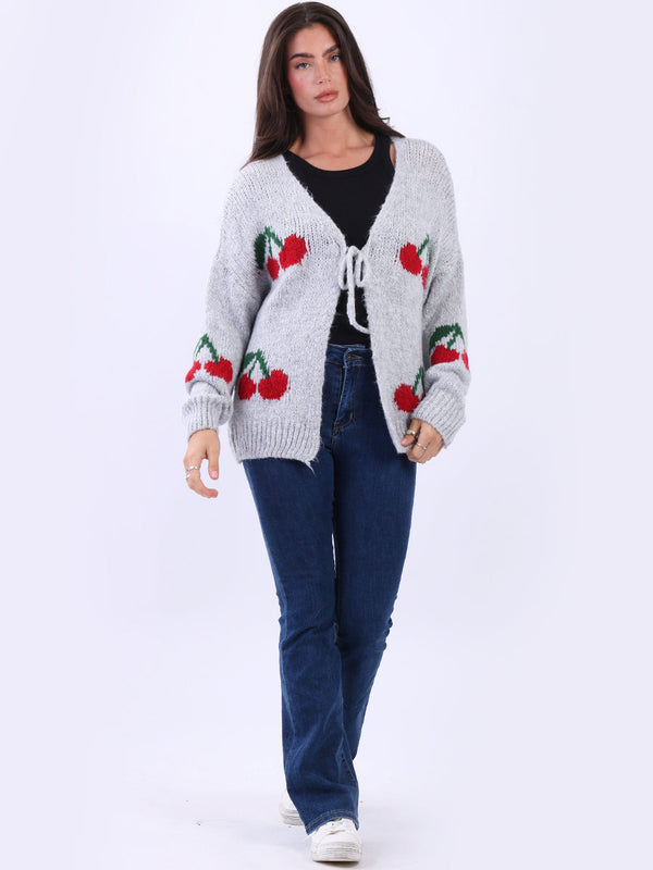 Cherry Knit Pattern Ribbed Trim Wool Cardigan