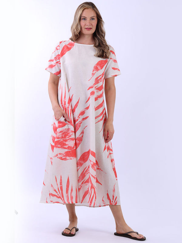 Round Neck Palm Leaf Print Linen Dress