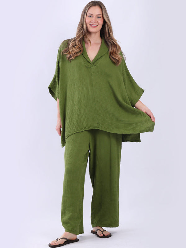 Drop Shoulders Plain Cotton Collared Blouse