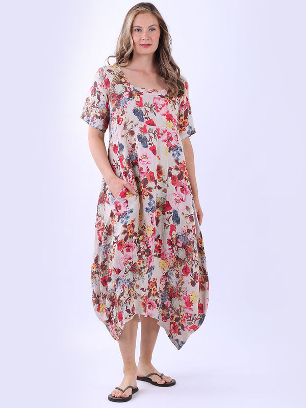 Floral Print Linen Lagenlook Front Pocket Dress