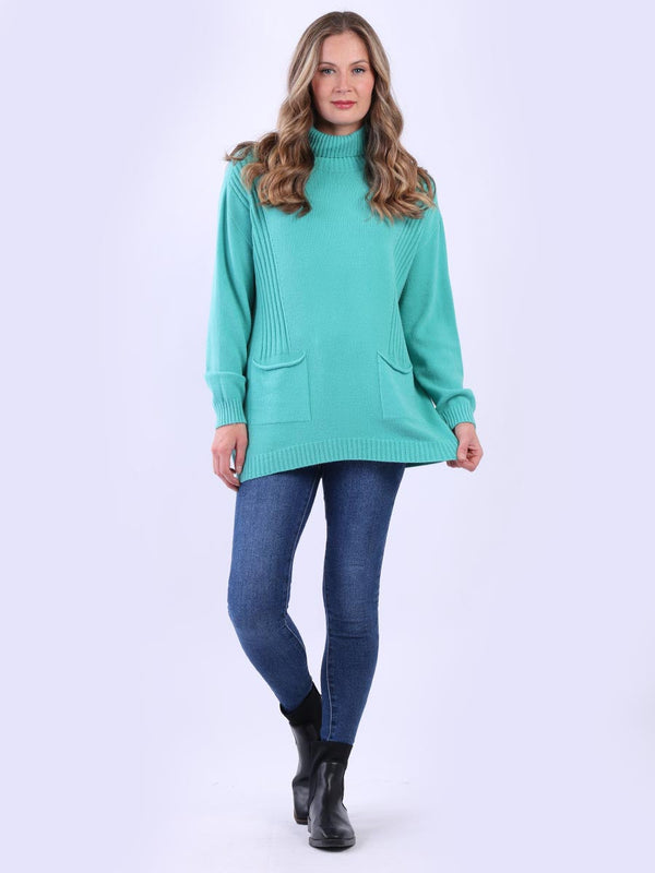 Ladies Roll Neck Ribbed Trim Lagenlook Knit Jumper