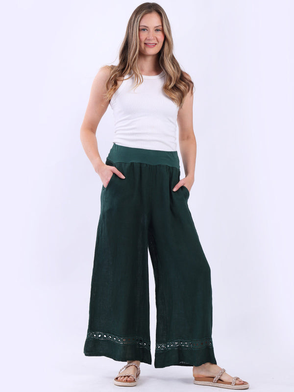 Crochet Net Hem Plain Linen Women Trouser