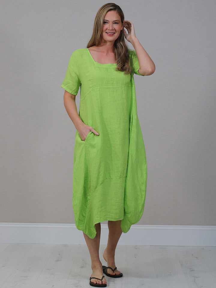 Plain Balloon Hem Linen Dress Lime Green