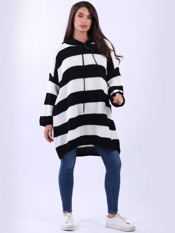 Women Knitted Stripy Drawstring Plus Size Hoodie