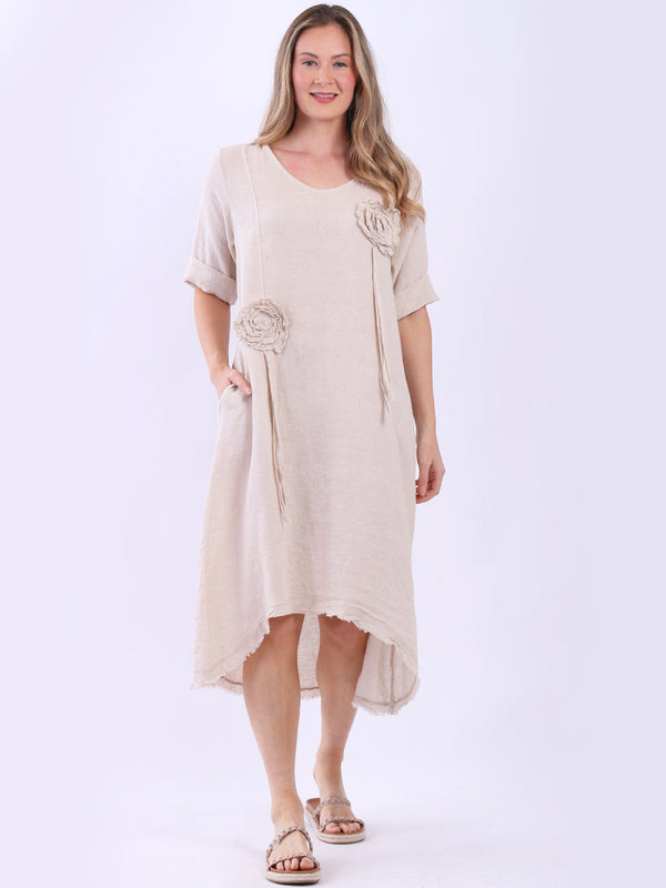Flower Applique Plain Linen Oversized Dress