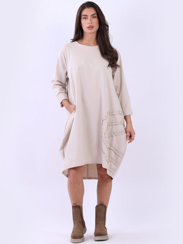 Solid Women Plus Size Cotton Ruffle Trim Dress