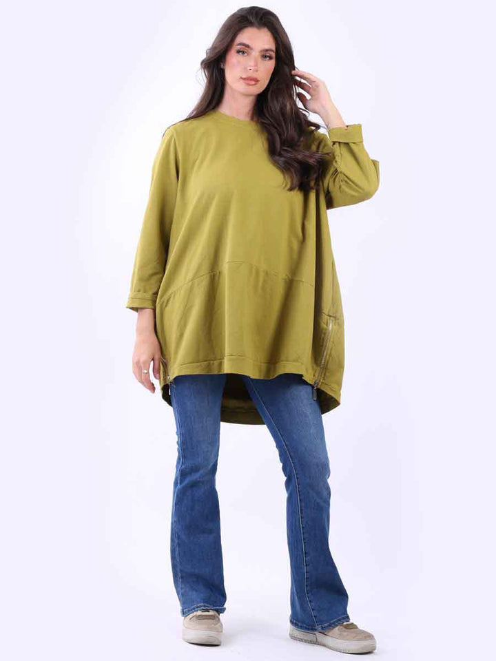 Zip Hem Cotton Top Olive