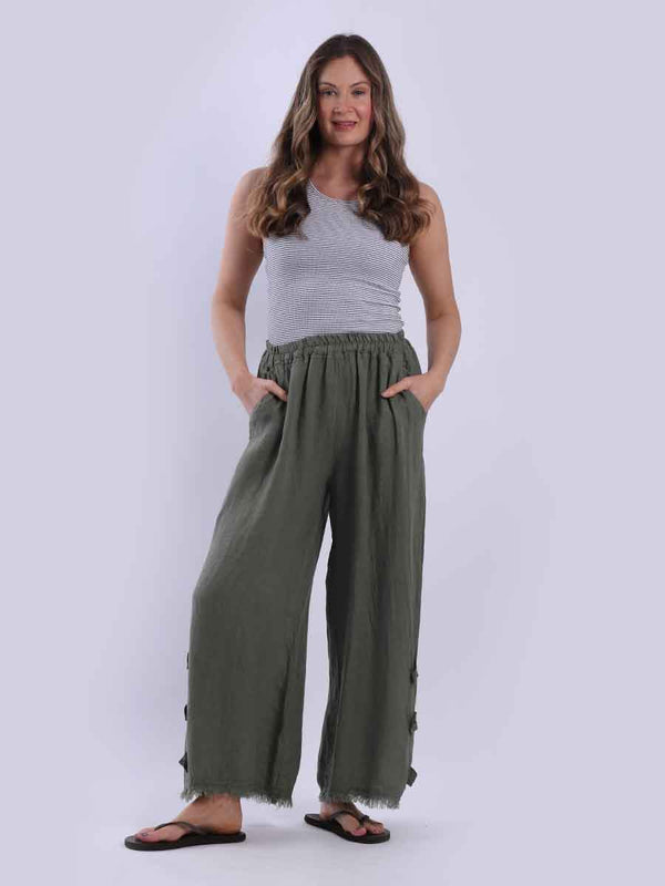 Women Side Pockets Wide Leg Linen Trouser