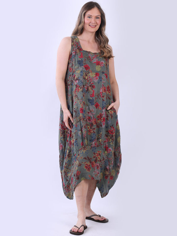 Sleeveless Floral Dress Khaki
