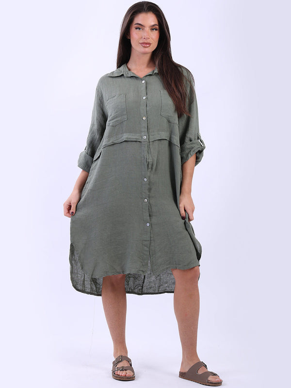 Button Down Plain Linen Shirt Dress