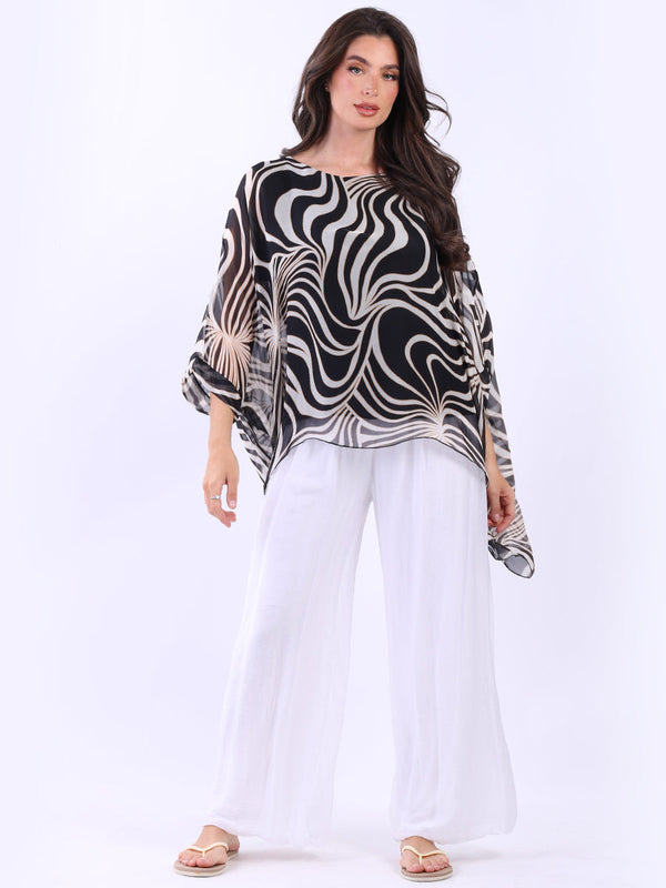 Abstract Print 2 Layered Silk Batwing Tunic