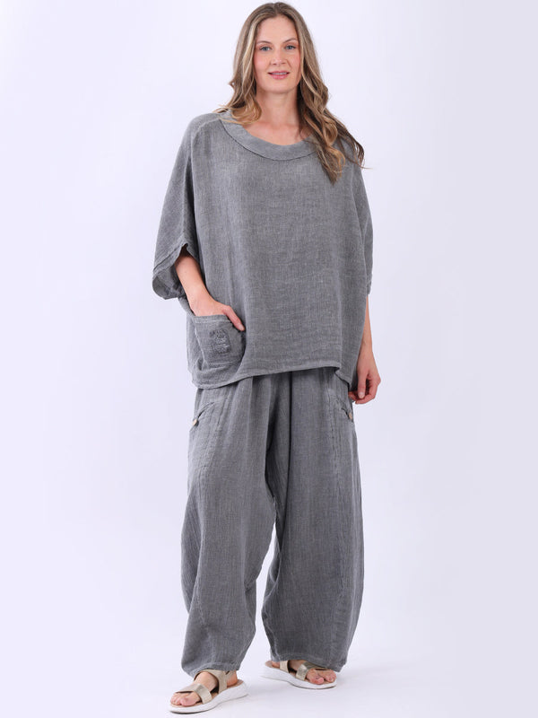 Ladies Plain Vintage Wash Baggy Linen Top