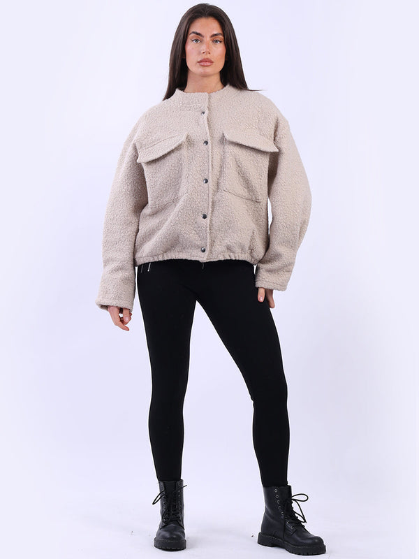 Front Pockets Solid Cropped Wool Jacket
