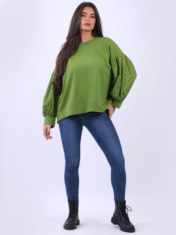 Plus Size Broderie Sleeves Lagenlook Cotton Crop Top