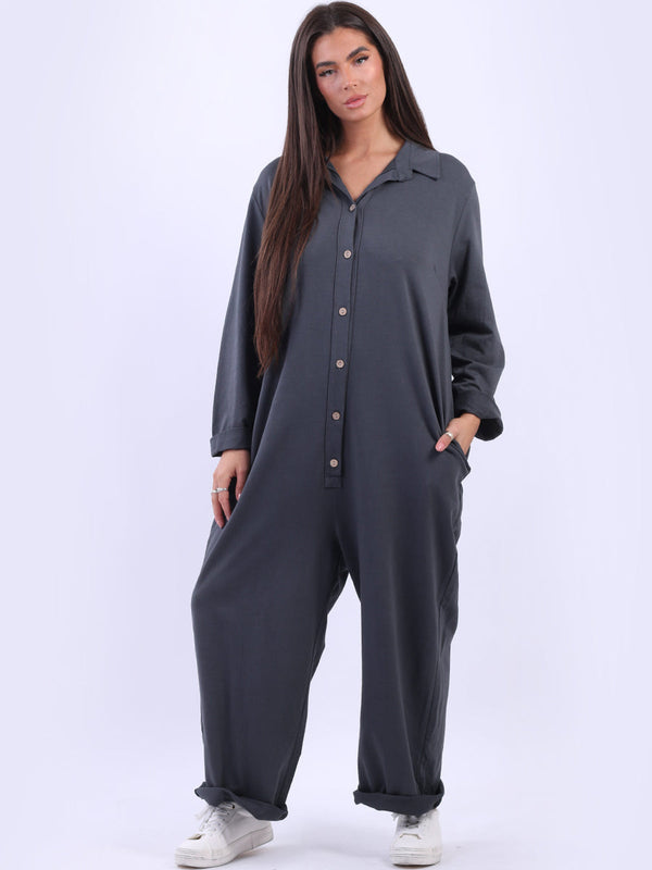 Plus Size Solid High Waist Cotton Lagenlook Jumpsuit