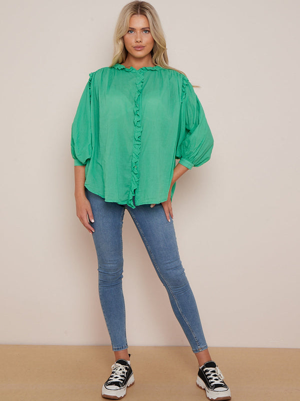 Crochet Ruffle Trim Cotton Boxy Shirt
