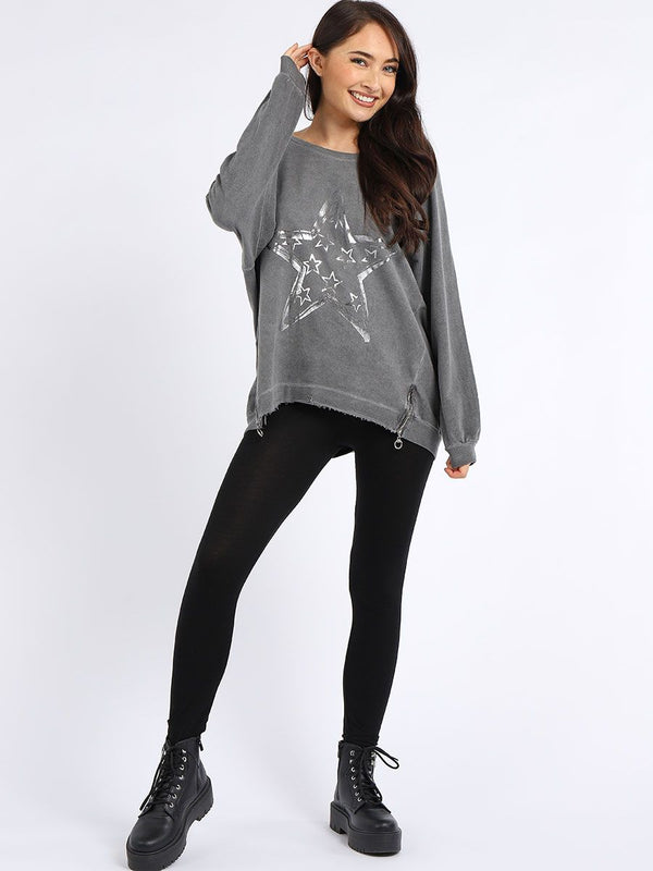 Fancy Star Foil Print Cotton Lagenlook Sweat Top