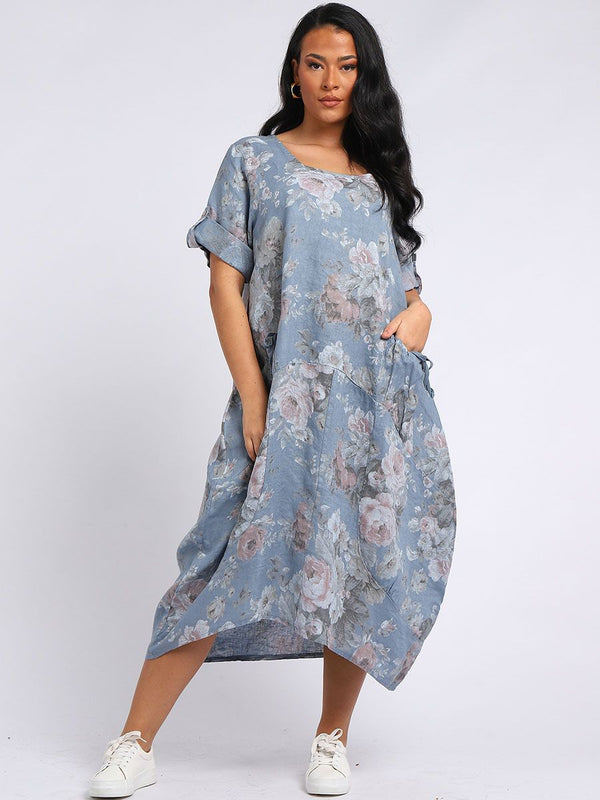 Italian Floral Linen Lagenlook Dress-Orange