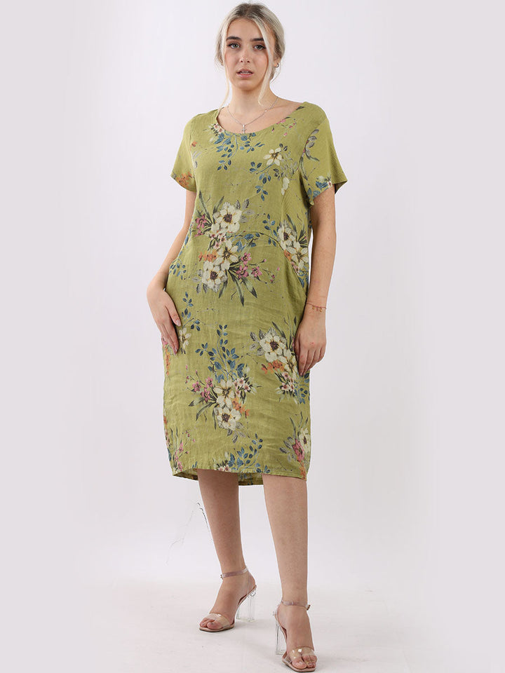 Italian Floral Print Lagnelook Linen Dress -Lime
