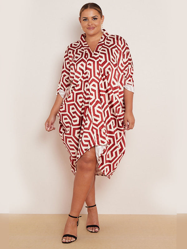 Plus Size Geometric Print Ruched Sides Lagenlook Drape Midi Dress