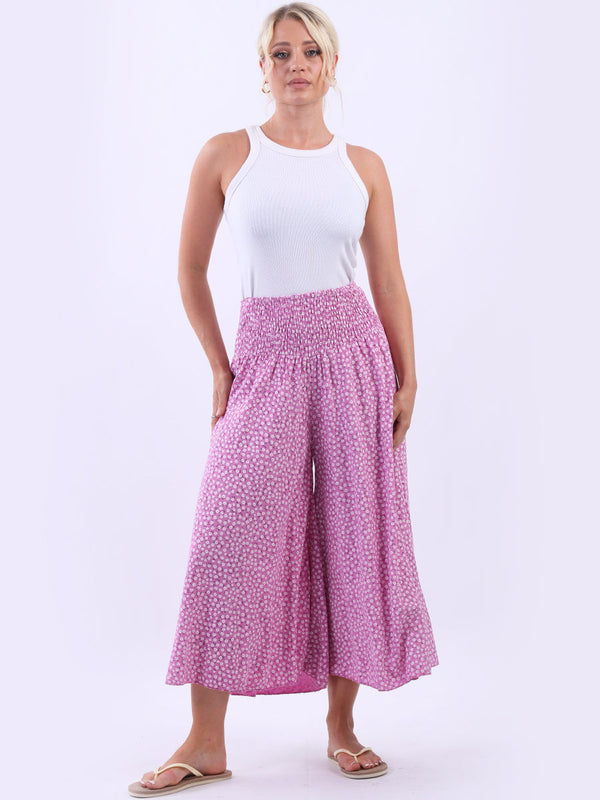 Ladies Wide Leg Ruched Smock Waist Ditsy Floral Palazzo