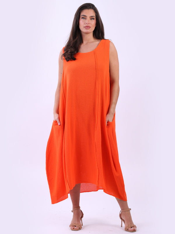 Made In Italy Sleeveless Raw Edges Plain Cotton Lagenlook Slouchy Dress