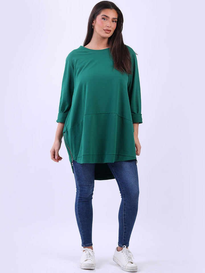 Zip Hem Cotton Top Bottle Green