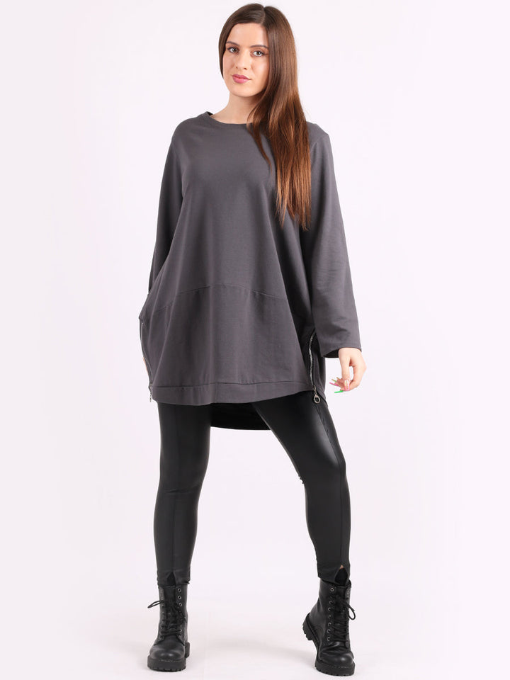 Zip Hem Cotton Top Charcoal