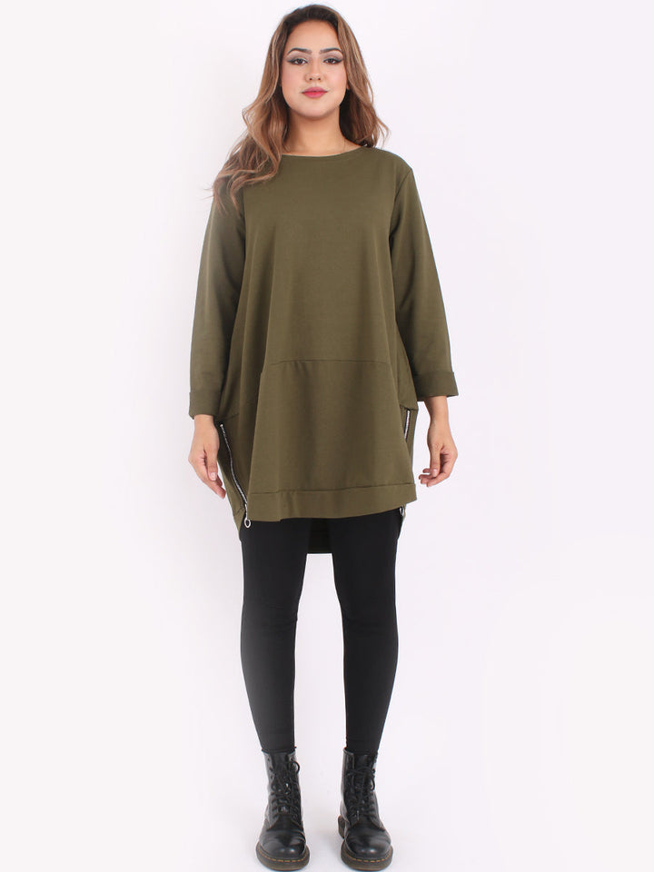 Zip Hem Cotton Top Khaki