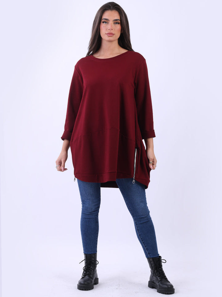 Zip Hem Cotton Top Wine