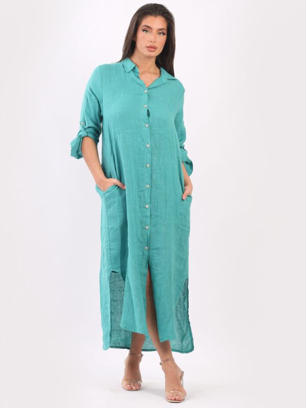 Made In Italy Plain Linen Front Buttons Lagenlook Shirt Dress