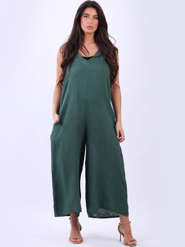 Plain Linen Wide Leg Lagenlook Sleeveless Dungaree