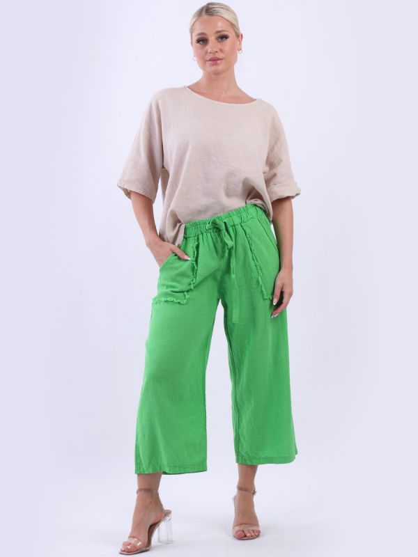 Plain Linen Raw Edge Pockets Wide Leg Trouser