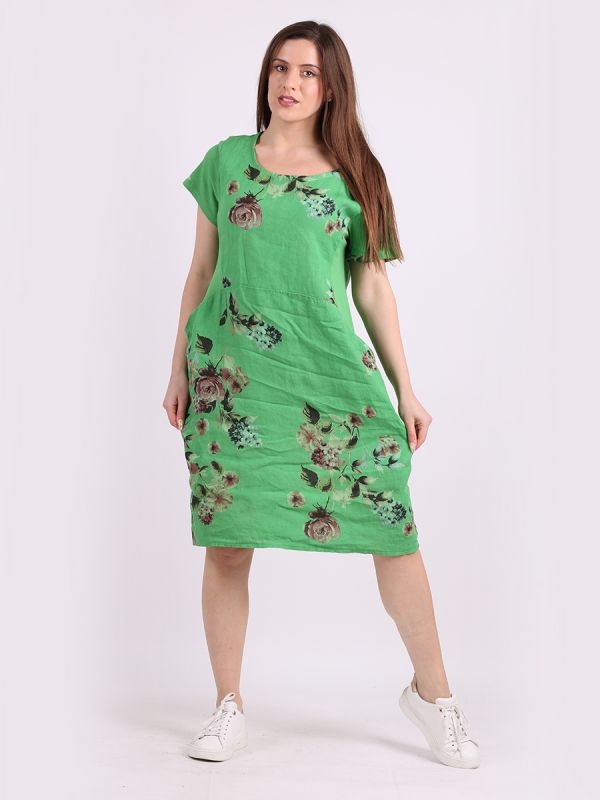 Floral Side Ribbed Front Pocket Linen Lagenlook Dress