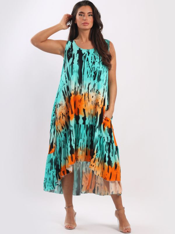 Digital Tie Dye Ruffle Lagenlook Tank Dress
