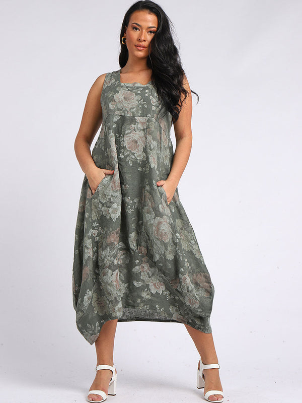 Square Neck Floral Print Sleeveless Linen Dress
