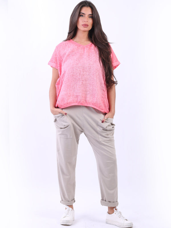 V-Neck Vintage Wash Dipped Hem Linen Top