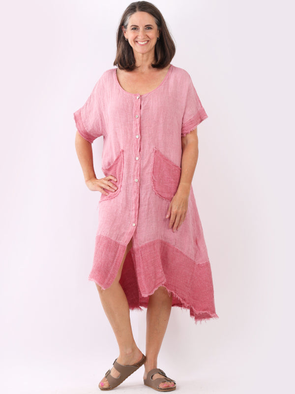 Ladies Vintage Wash Linen Solid Shirt Dress