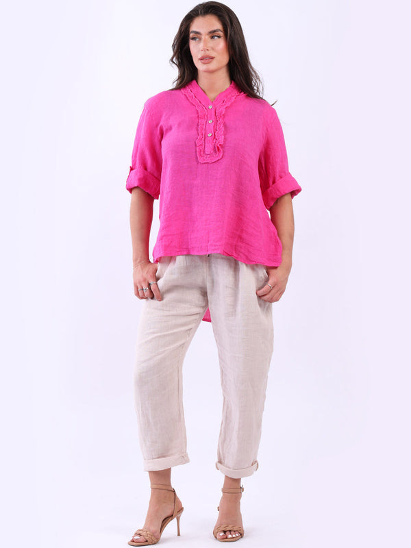 Plain Chic Ruffle Placket Linen Vintage Wash Swing Tunic Top