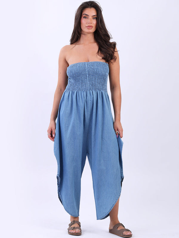 Denim Smocked Tube Cotton Jumpsuit