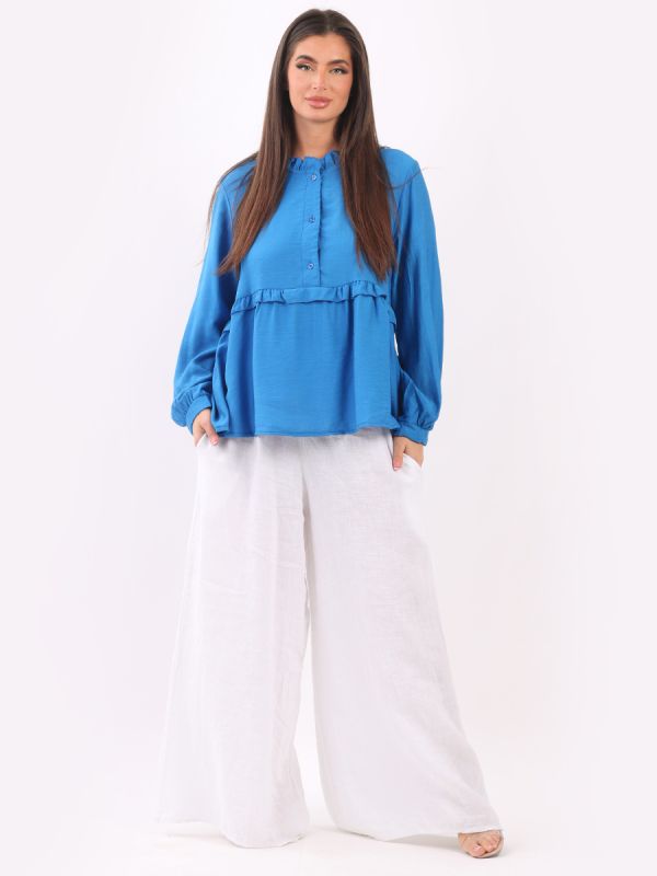 Italian Front Buttons Ladies Ruffle Peplum Tunic Top
