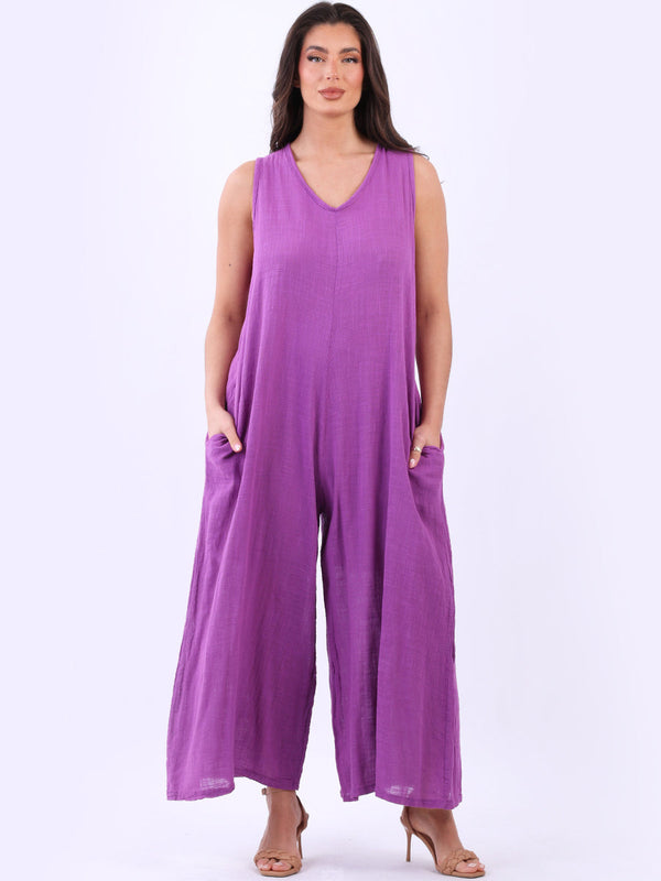 Solid V-Neck Cotton Tank Jumpsuit