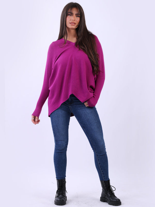 Plain Dipped Hem Knitted Lagenlook Batwing Top