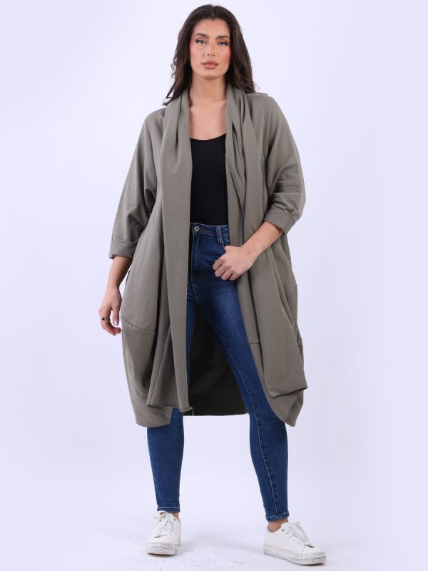 Ladies Plain Plus Size Shawl Collar Cotton Lagenlook Cardigan